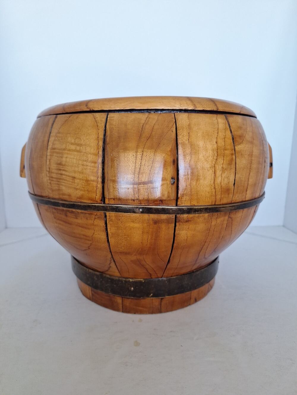 Vintage Chinese Wooden Grain Bowl with Lid – Handcrafted Barrel Rice Bin – 12"